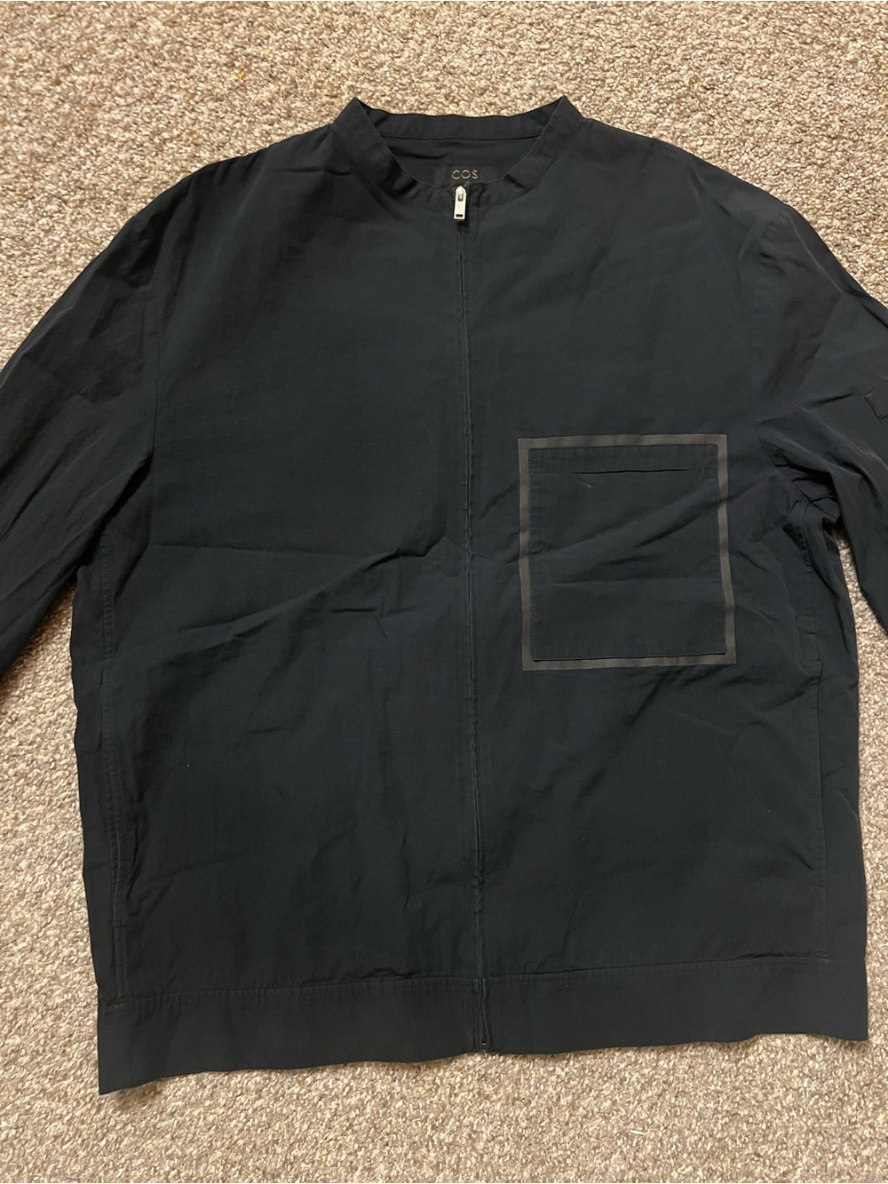 COS Men's Black Short Jacket Full Zip Band Collar Lined Regular Fit Size S